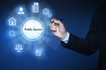 Public Sector concept. Man pointing at virtual screen with different icons on blue background, closeup