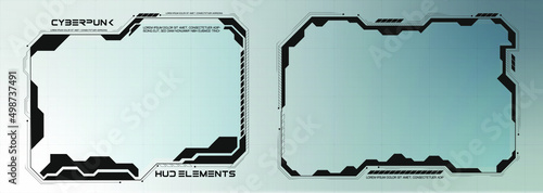 Sci-fi concept design. Futuristic vector HUD interface screen design. Names of digital callouts. Set of futuristic HUD UI GUI screen elements. High-tech screen for video games. Cyberpunk style.