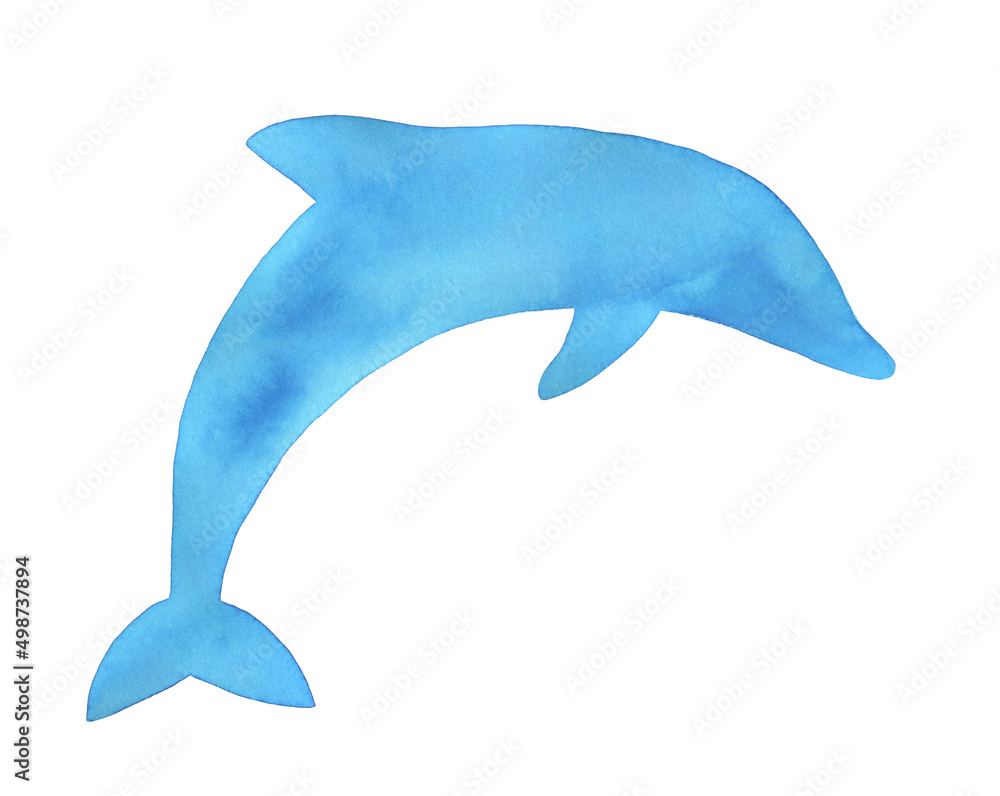 Obraz premium Watercolor illustration of jumping dolphin shape in bright blue colour on white. Symbol of good luck, protection, hope, rebirth, renewal. Hand painted drawing for design decoration, poster, banner.