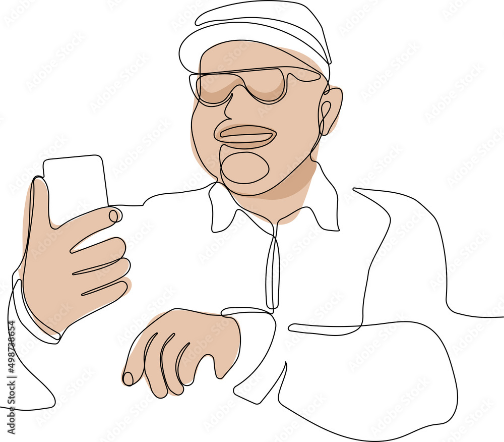 Continuous one line drawing of a relaxed senior gentleman using a smartphone on an armchair. Minimal outline concept. . Vector illustration Continuous one line drawing of a relaxed senior gentleman using a smartphone on an armchair. Minimal outline concept. . Vector illustration