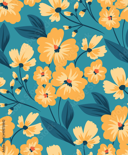 Retro floral surface design. Beautiful floral print  seamless pattern with hand-drawn yellow flowers  leaves on a blue background. Vector illustration.