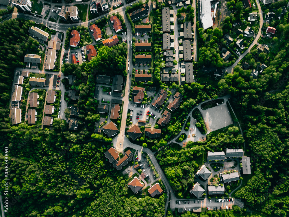 Aerial view of european town. Houses in beautiful residential neighbourhood in Finland