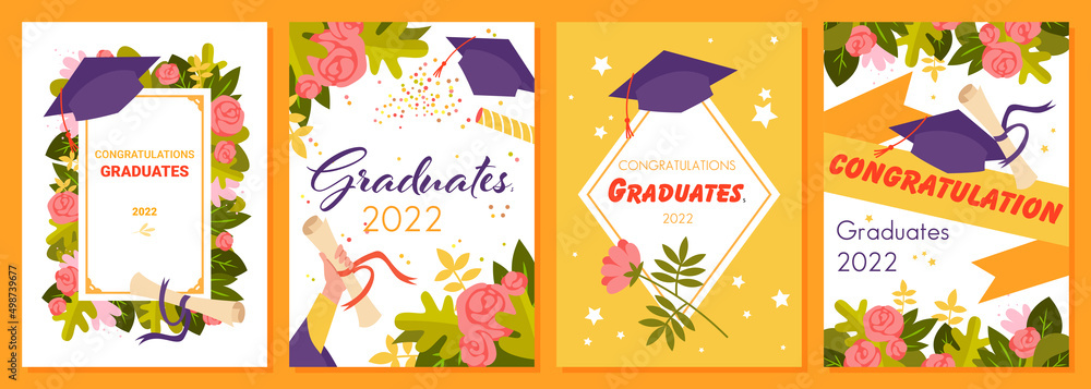 Congratulations, graduates 2022 lettering in creative greeting card set vector illustration. Cartoon ribbon, graduation diploma and certificate, confetti and flowers for happy students background