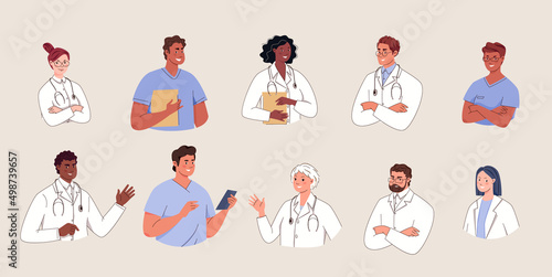 Medical workers avatars. Set of doctors, nurses, paramedics. Hospital staff.  Vector flat cartoon illustration.