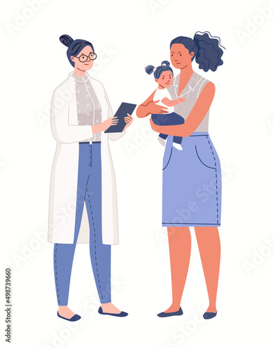 Concept of motherhood and childhood. Mother and child at Predator's reception. Planned visit to specialist. Characters of illustration isolated on white background. Flat cartoon vector.
