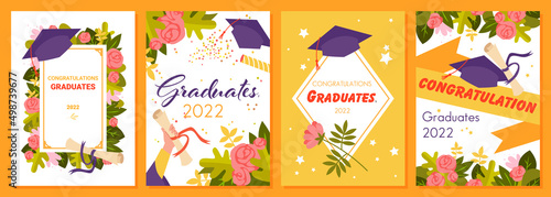 Congratulations, graduates 2022 lettering in creative greeting card set vector illustration. Cartoon ribbon, graduation diploma and certificate, confetti and flowers for happy students background