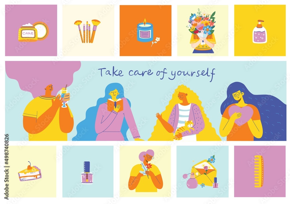 Love yourself set. Vector lifestyle concept card with text enjoy every moment. Motivation to take time for yourself: read books, go to events, create, be positive, do yoga. Love yourself set. Vector lifestyle concept card with text enjoy every moment. Motivation to take time for yourself: read books, go to events, create, be positive, do yoga.