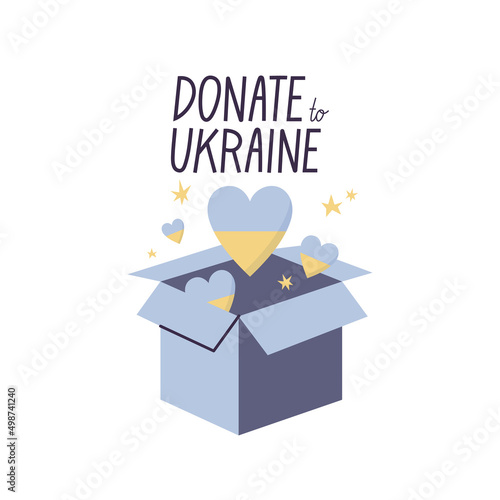 Vector Illustrations hand holding phone with donation box with hearts. Help for Ukraine.