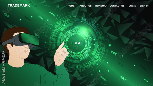 Website landing page template with Metaverse concept. Man wearing VR goggles while on abstract futuristic green background. 
