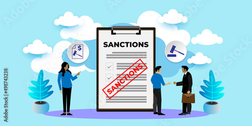 Political and economy concept of sanctions With icons. Cartoon Vector People Illustration photo