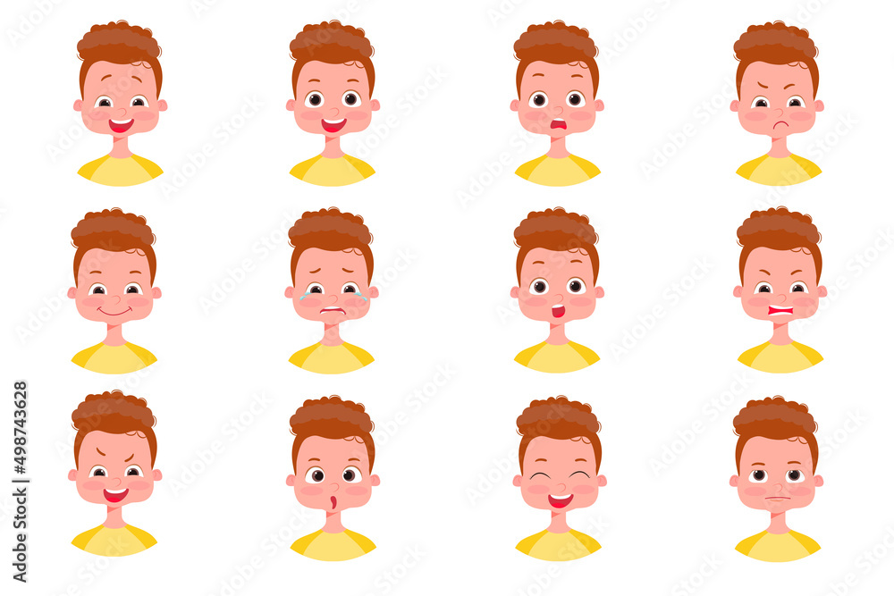 Isolated vector.A set of emotions on the boy's face. Boy's face with different expressions. Variety of children's emotions. School portrait avatars. Variety of teenager emotions. Isolated vector.A set of emotions on the boy's face. Boy's face with different expressions. Variety of children's emotions. School portrait avatars. Variety of teenager emotions.