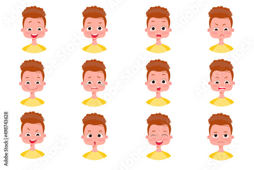Isolated vector.A set of emotions on the boy's face. Boy's face with different expressions. Variety of children's emotions. School portrait avatars. Variety of teenager emotions.