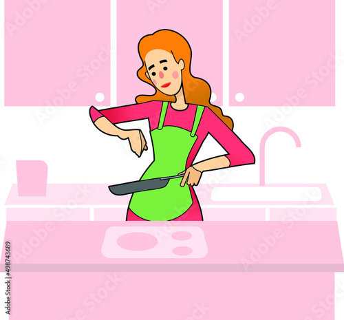 Ilustracion vectorial de mujer joven con delantal cocinando en la sarten y echando sal. 