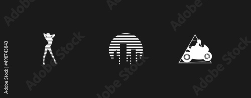 Set of retrowave design elements. Striped silhouette of sexy woman, skyscrapers on striped sun shape, motorcyclist in the triangle. Pack of retrowave 1980s style design elements. Vector