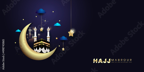 Hajj mabrour illustration, typography in arabic and english means "may Allah accept your hajj. Vector illustration