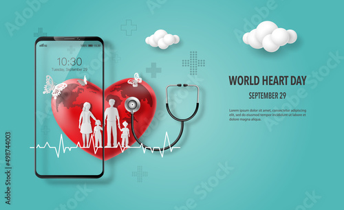 World Heart Day banner, a family holding hands with heart and heartbeat line on smartphone screen.