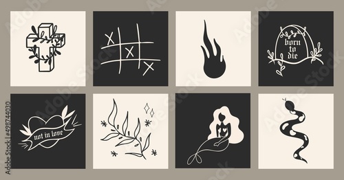 Hand drawn Abstract shapes, poster set. Vector illustrations, cartoon style, flat design. All elements are isolated. Square posters, logo templates.