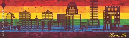 Louisville on LGBT flag background - illustration, 
Town in Rainbow background, 
Vector city skyline silhouette