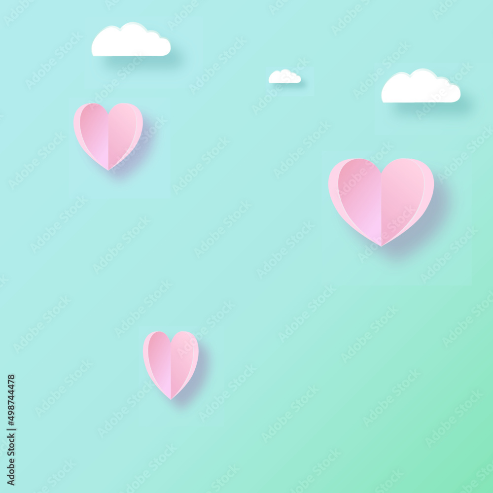 pastel green background white clouds pink hearts valentines day greeting card Gift wrapping paper, book cover, handkerchief pattern