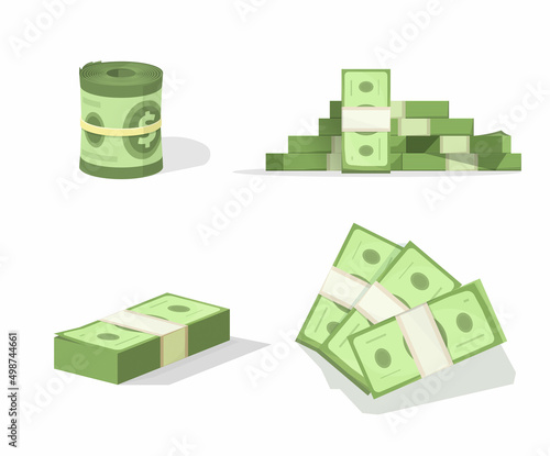 Money dollar stack vector set with cash bunch roll and paper currency heap clipart isolated on white background flat cartoon illustration, american us bankroll green 3d, top view and isometric
