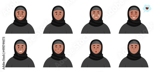 Muslim woman emotions set. Different face avatars. People facial expression icons. Vector illustration of a young woman in hijab in flat style isolated on white background.