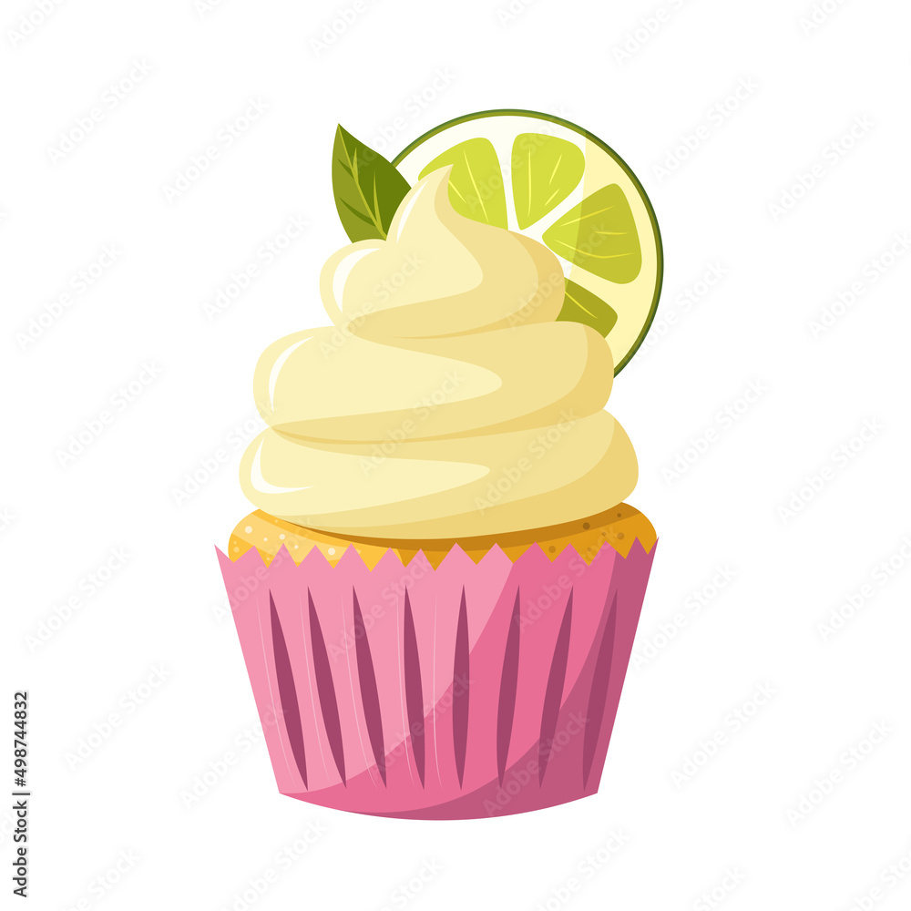 Cupcake with a slice of lemon isolated on white background. Vector cute cartoon illustration. Bakery shop, dessert, sweet products, cooking. Cupcake with a slice of lemon isolated on white background. Vector cute cartoon illustration. Bakery shop, dessert, sweet products, cooking.