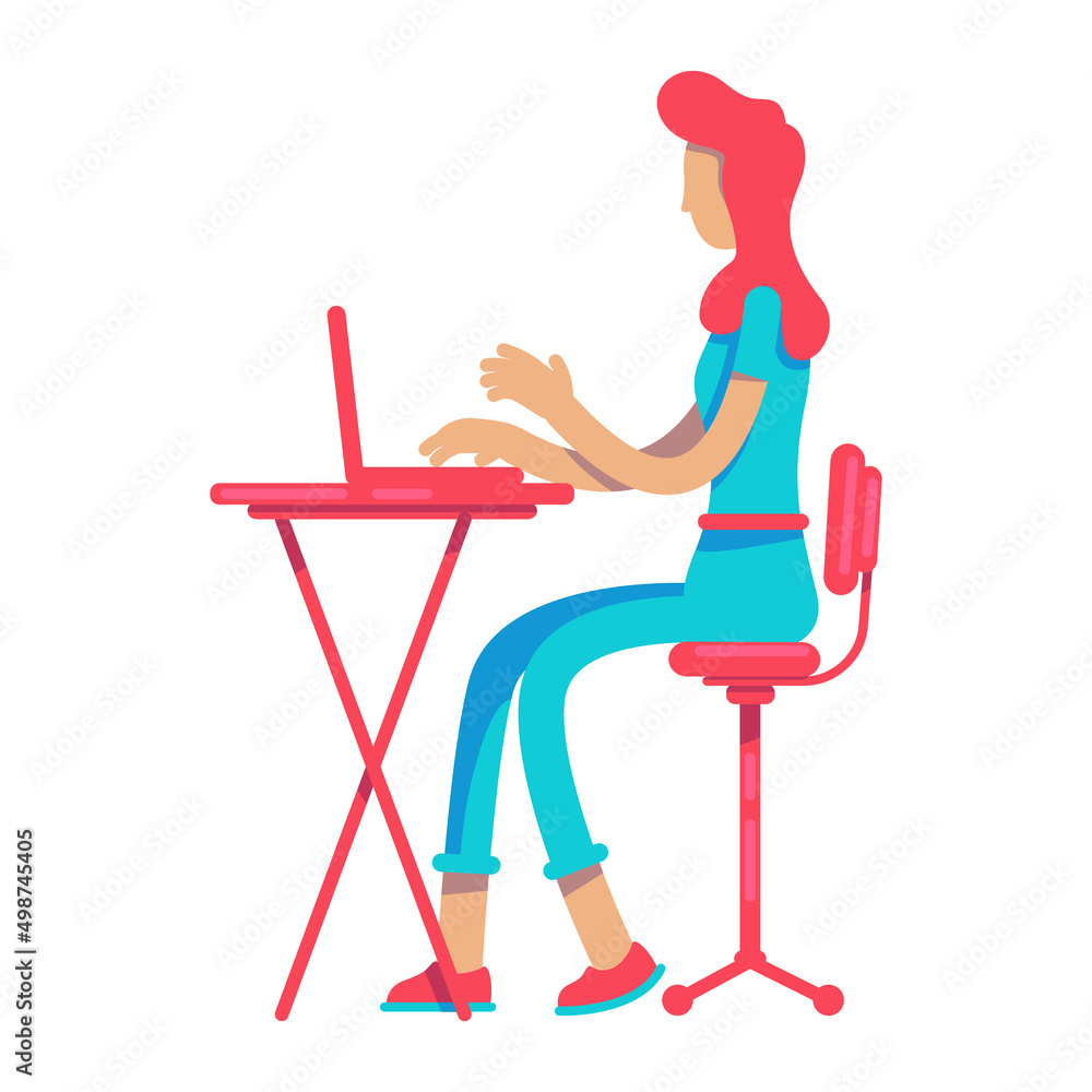 Fototapeta premium Young lady with laptop semi flat color vector character. Office work. Sitting figure. Full body person on white. Simple cartoon style illustration for web graphic design and animation