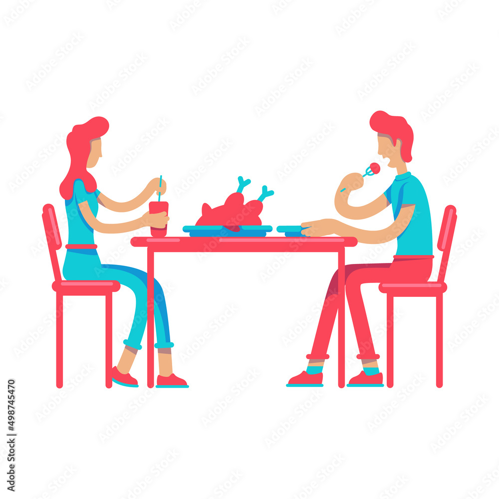 Man and woman eating dinner together semi flat color vector characters. Sitting figures. Full body people on white. Simple cartoon style illustration for web graphic design and animation