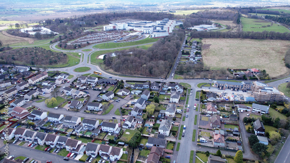 Low level aerial image of Forth Valley Hospital near Falkirk in Central Scotland.