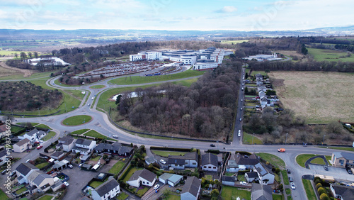 Low level aerial image of Forth Valley Hospital near Falkirk in Central Scotland.