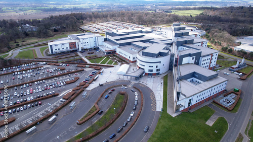 Low level aerial image of Forth Valley Hospital near Falkirk in Central Scotland.