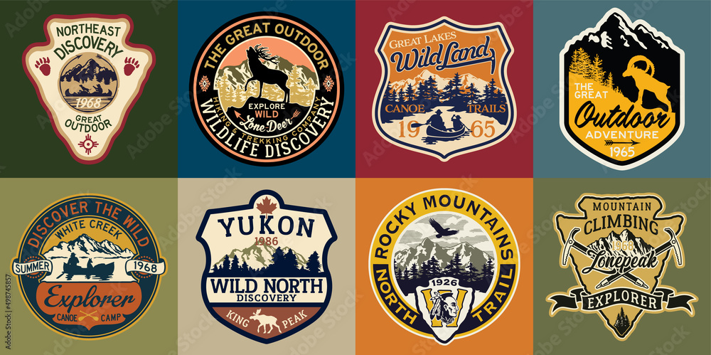 The great outdoor discovery adventure labels and patches vector collection - obrazy, fototapety, plakaty 