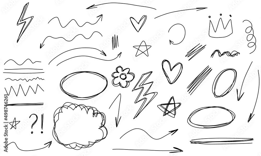 Doodle frames lines arrows flower star crown. Sketch set cute isolated collection for office. Doodle frames lines arrows flower star crown. Sketch set cute isolated collection for office.