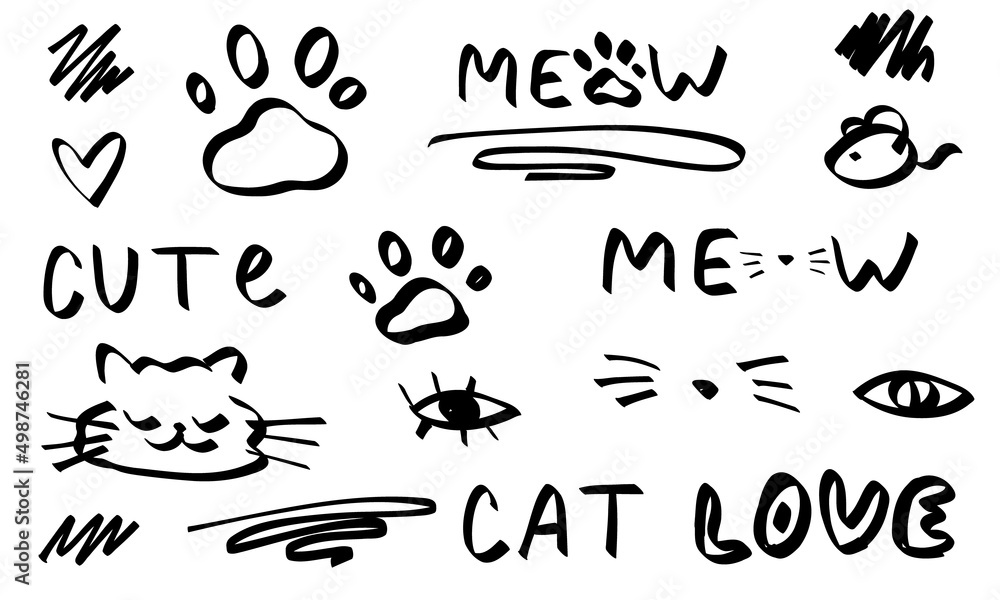 Fototapeta premium Doodle cats, paws, meow text. Sketch set cute isolated line collection for pets.