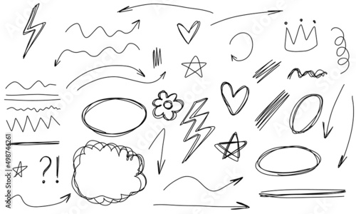 Doodle frames lines arrows flower star crown. Sketch set cute isolated collection for office.