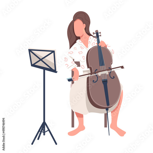 Beautiful lady playing violoncello semi flat color vector character. Sitting figure. Full body person on white. Simple cartoon style illustration for web graphic design and animation