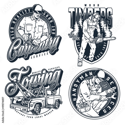 Blue-collar workers monochrome emblems set