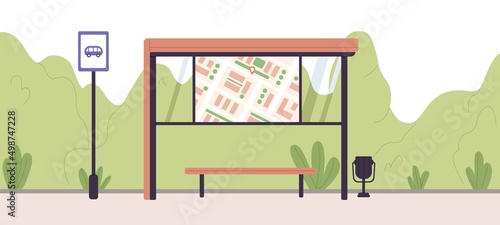 Bus stop for city public transport with bench and map on board. Urban street station, shelter with road sign and plants, panoramic view. Suburban infrastructure. Colored flat vector illustration