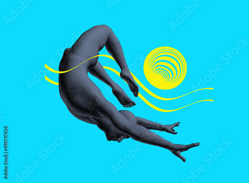 Man jumps into the water. Creative swimming design concepts. Symbol of water sports competition. Pixel art. 3D vector illustration for banner, flyer, poster, cover or brochure.