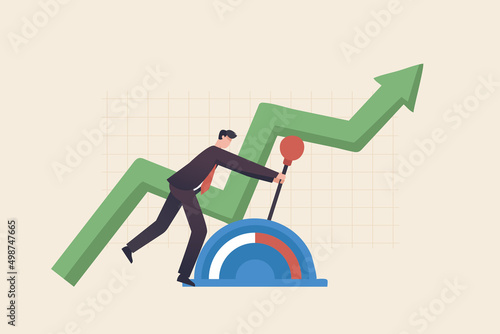Control the stock market and investment portfolios. Changing the direction of business towards success goals. Businessman with large lever to control arrow chart photo