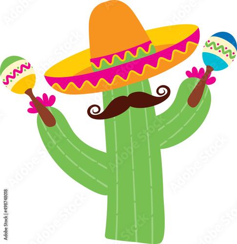 Cinco de mayo, cactus with maracas, mexican sombrero