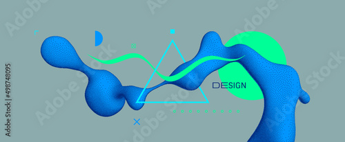 Abstract background with flowing liquid shape. 3D fluid graphic element. Composition in dotwork style. Vector illustration for for banner, flyer, poster, cover, brochure or presentation.