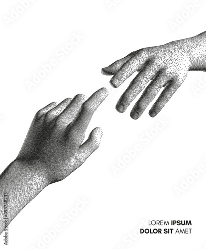 Hands reaching towards each other. Concept of human relation, togetherness or  partnership. 3D vector illustration. Design for banner, flyer, poster, cover or brochure.
