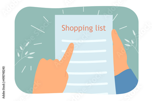 Hands holding shopping list with products or ingredients. Person planning grocery shopping flat vector illustration. Shopping, organization concept for banner, website design or landing web page