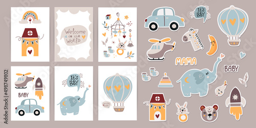 Set of posters with motivational phrases, stickers with with children's toys