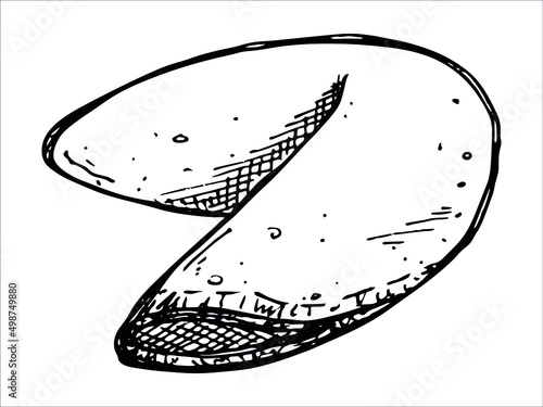 Vector hand drawn chinese fortune cookies isolated on white backgrounds. Food illustration. Crisp cookie with a blank piece of paper inside. For print, web, design, decor, logo.