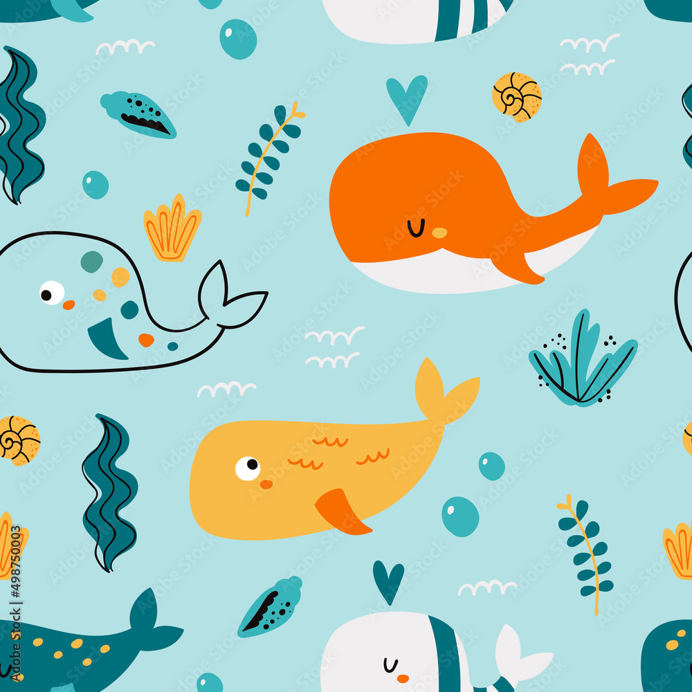 Seamless pattern with cute whales.