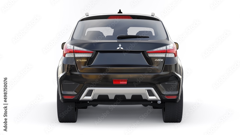 Tokyo. Japan. April 6, 2022. Mitsubishi ASX 2020. Black compact urban SUV  on a white uniform background with a blank body for your design. 3d  illustration. Stock Illustration