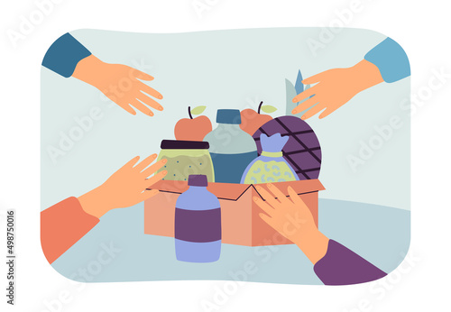 Hands reaching towards box with food. People taking products from cardboard box from grocery store flat vector illustration. Humanitarian aid, food delivery concept for banner or landing web page