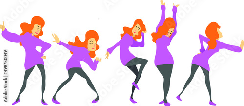 Ilustracion vectorial de mujer de jersey morado bailando en 5 poses diferentes.